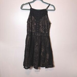Black Lace Halter Neck Fit Flare Dress Mesh Lined Knee Length Medium